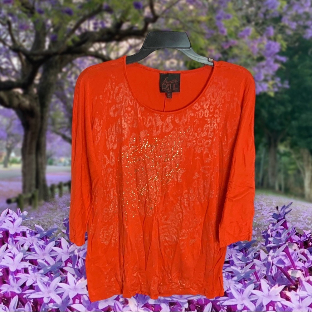 French Blue Dark Reddish Orange Top w Subtle Leopard Print & Sequins Wm PL